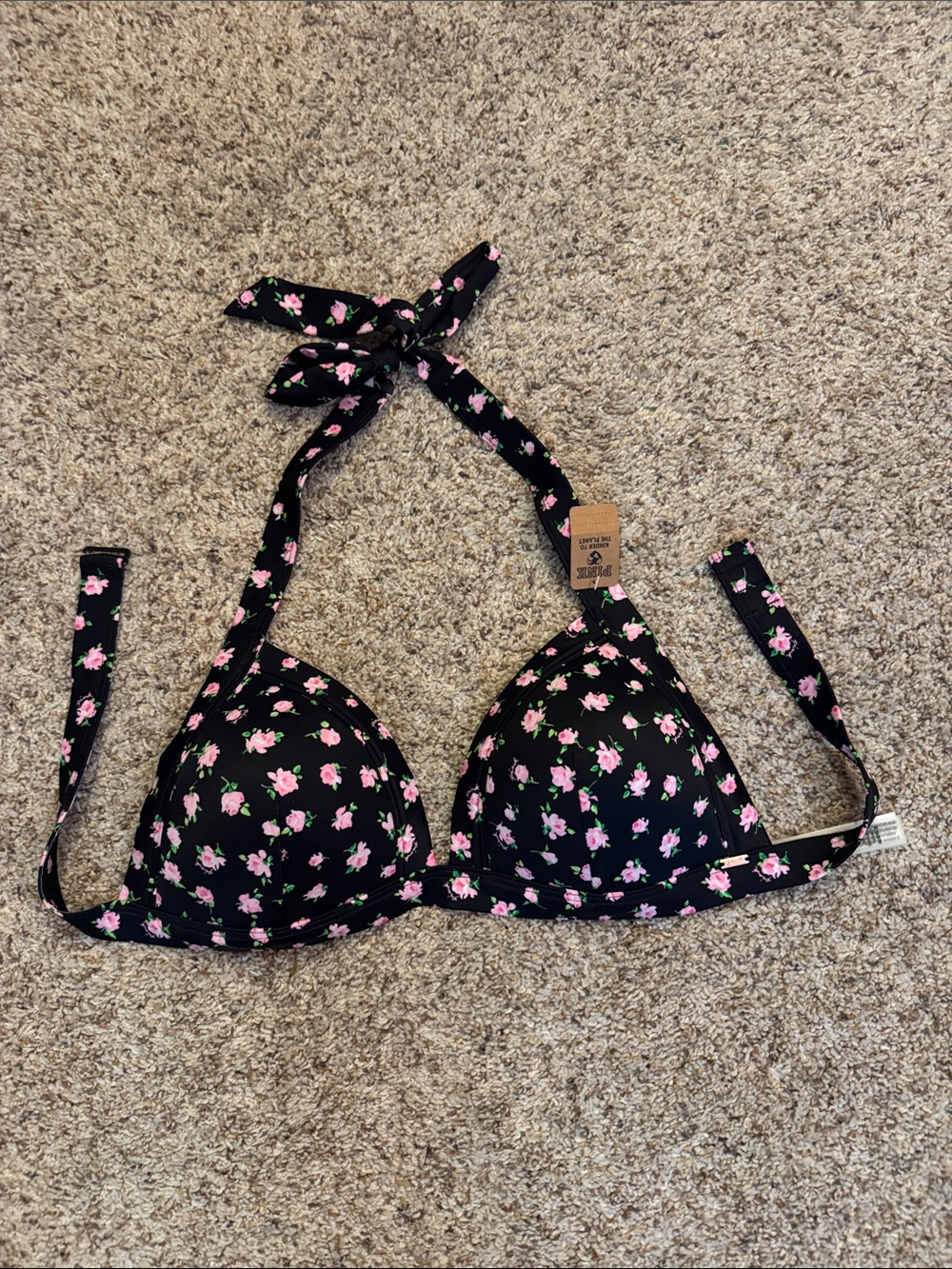 PINK Victoria's Secret Black Floral Halter Bikini Top with Pink Roses